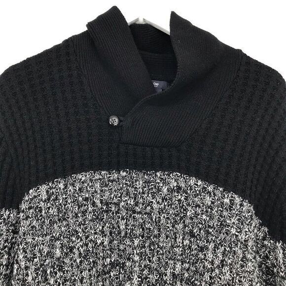 Gap Black Marled Colorblock Chunky Knit Pullover Collared Sweater - Picture 3 of 14